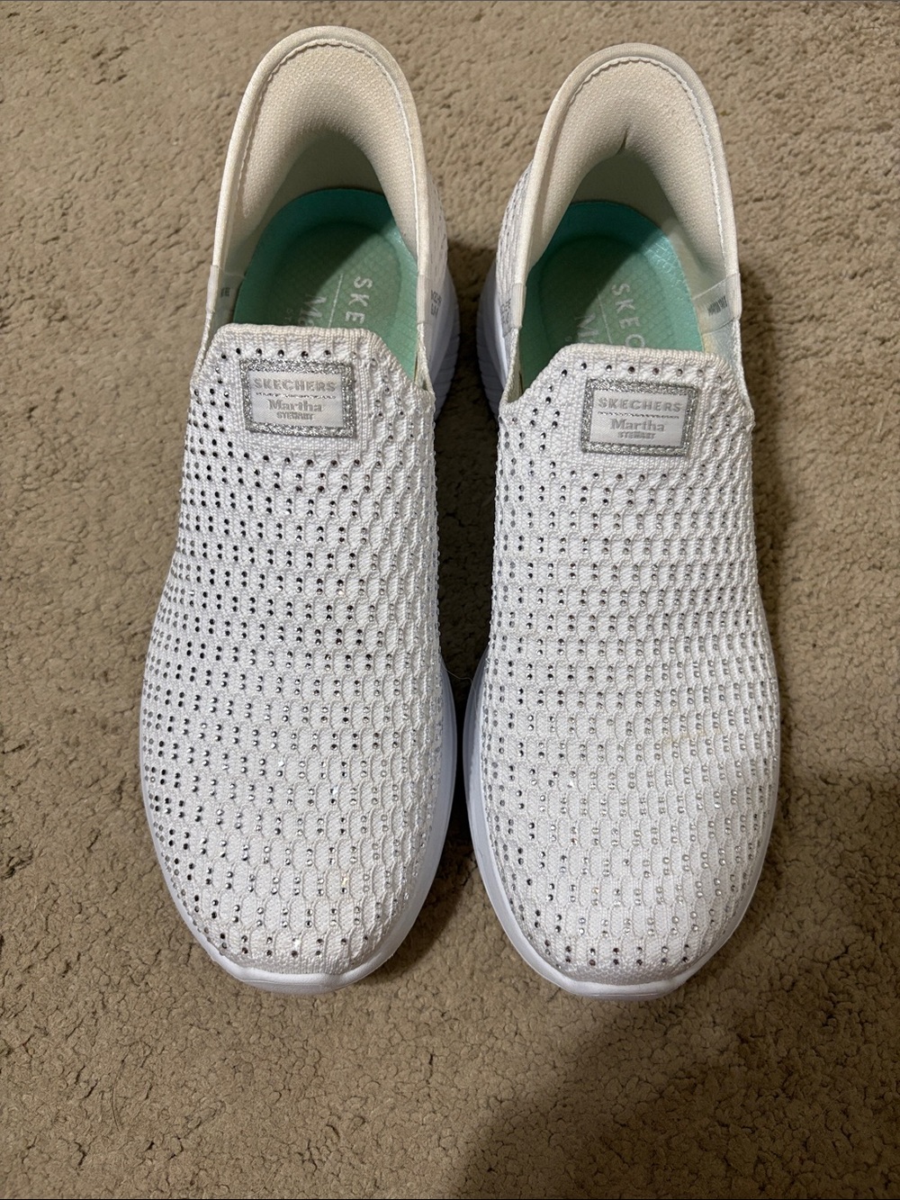 Skechers Women's White Slip-On Casual Knit Sneakers with Teal Insole